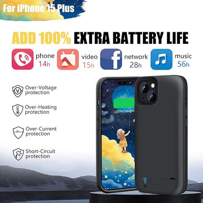 Battery Case for iPhone 15 Plus, 6000mAh Rechargeable Extended Battery Charging/Charger Case, Add 100% Extra Juice (6.7 inch) Black