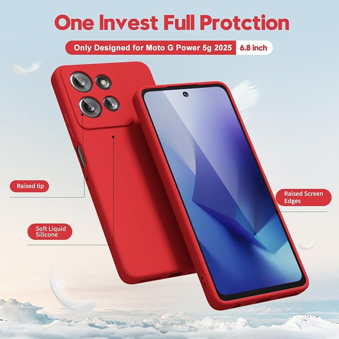 oakxco for Motorola Moto G Power 2025 Phone Case Liquid Silicone, Cute Thin Slim Grip Soft Rubber Gel for Women Men, Smooth Matte TPU Plain Solid Bright Color Girly Simple Case with Camera Cover, Red