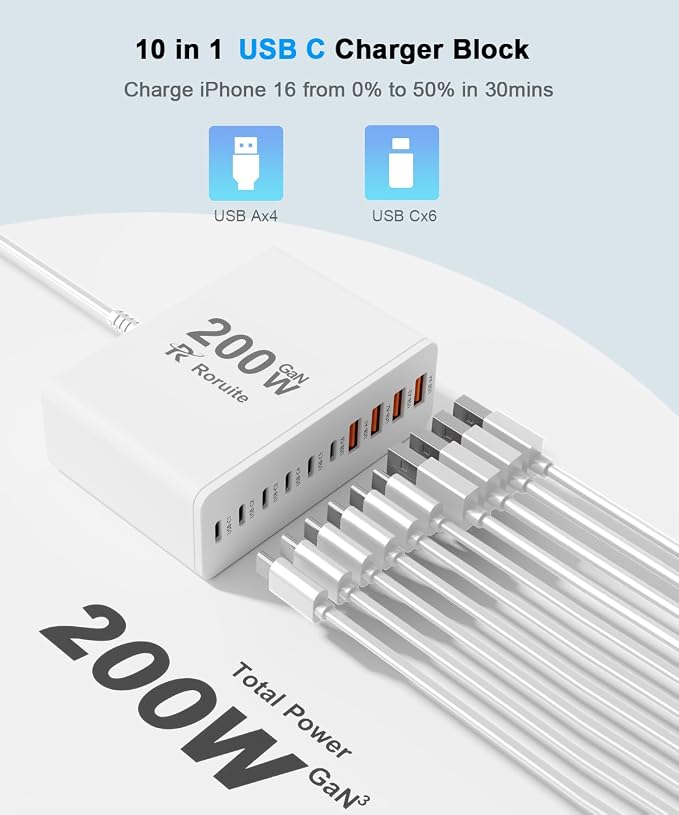 USB C Charging Station 10 Port with 4 Cables,200W GaN Type C Charger Block | Wall Charger Power Strip Adapter Plug for iPad iPhone17 16 15 14 13 12 Pro Max Pixel Note Galaxy White