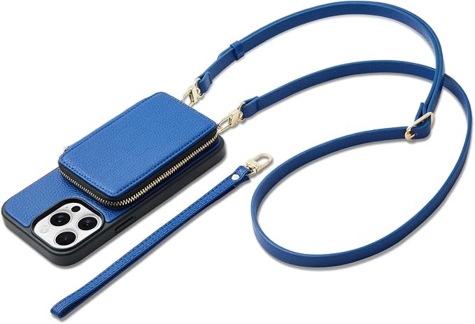 ZVE for iPhone 14 Pro Max Wallet Case Crossbody, Card Phone Case for Women, Zipper RFID Blocking Leather Cover with Wrist Strap, Purse for iPhone 14 Pro Max, 6.7", 2022- Navy Blue