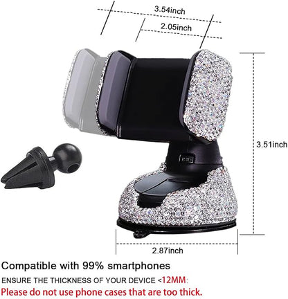 SUNCARACCL Bling Car Phone Holder, 360°Adjustable Universal Rhinestone Crystal Auto Phone Mount Stand Accessories for Windshield Dashboard and Air Outlet (White)