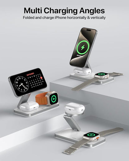 Foldable 3 in 1 Wireless Charging Station for Apple Compatible with Magsafe Charger Stand,Magnetic Wireless Charger Station for iPhone 17 Air 16 15 14 13 12 Series,Airpods Pro,Apple Watch (White)