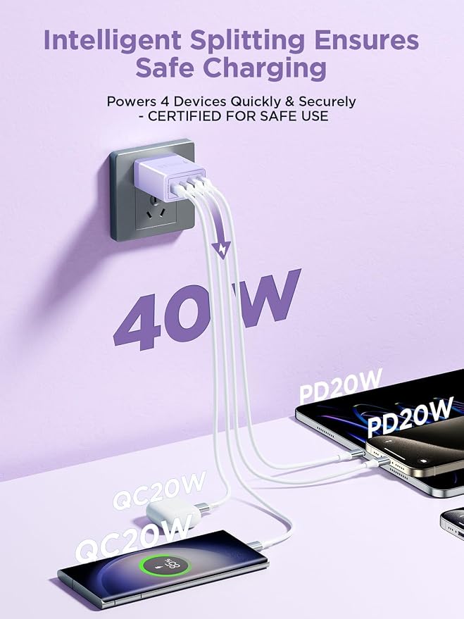 USB C Wall Charger, 40W 4-Port Fast USB C Charger Block Dual Port PD + QC Wall Plug Multiport Type C Charging Block for iPhone 17 16 15 14 13 12 11 Pro Max XS XR 8, iPad, Samsung Phone, Tablet