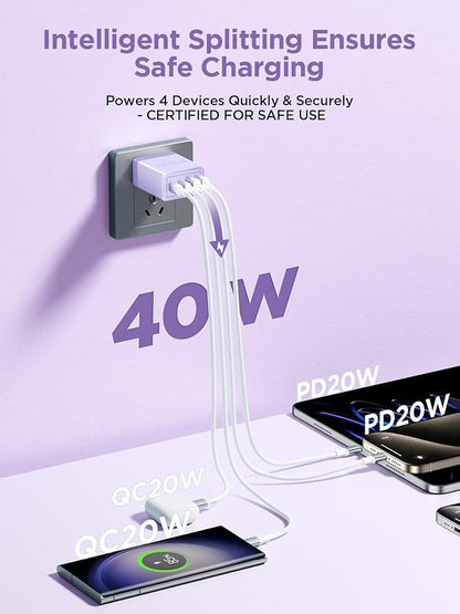 USB C Wall Charger, 40W 4-Port Fast USB C Charger Block Dual Port PD + QC Wall Plug Multiport Type C Charging Block for iPhone 17 16 15 14 13 12 11 Pro Max XS XR 8, iPad, Samsung Phone, Tablet