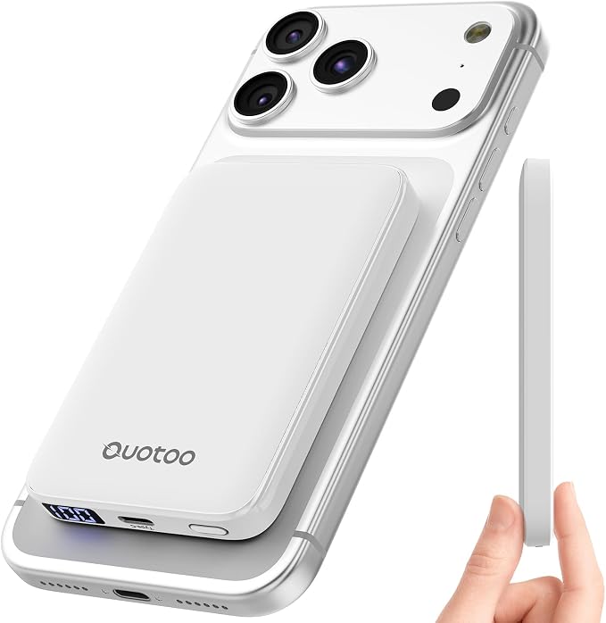 Ouotoo Ultra-Thin Magnetic Power Bank 5000mAh, 15W Fast Wireless Charging Portable Battery Pack, 20W USB-C PD Magsafe Compatible for iPhone 17 16 15 14 13 12, LED Display/Portable/Travel/Pocket