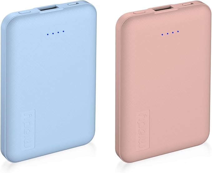 Miady 2-Pack Small Portable Charger 5000mAh Power Bank Travel Battery Pack | 5000mAh丨18.5Wh丨Type C in&Out丨Pocket Size丨Compatible with iPhone 17 Galaxy S24 Android etc丨Flight-Safe丨Lightweight丨Blue+Pink