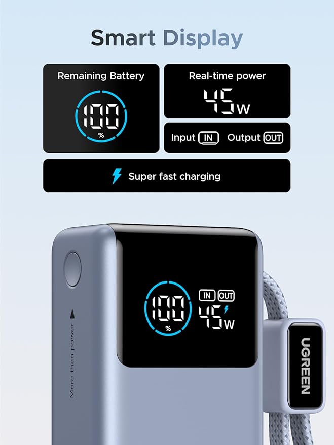 UGREEN Nexode Pro Power Bank 10,000mAh 45W, Compact Portable Charger, Built-in USB-C Cable, PD Super Fast Charging Battery Pack with Digital Display for iPhone 17/16 Pro Max Air/Galaxy S26 Ultra