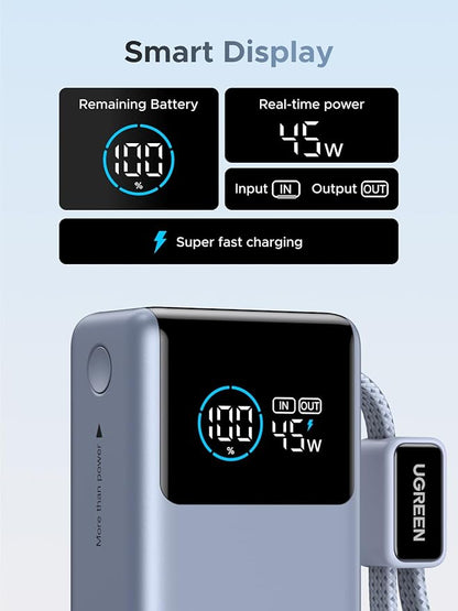 UGREEN Nexode Pro Power Bank 10,000mAh 45W, Compact Portable Charger, Built-in USB-C Cable, PD Super Fast Charging Battery Pack with Digital Display for iPhone 17/16 Pro Max Air/Galaxy S26 Ultra