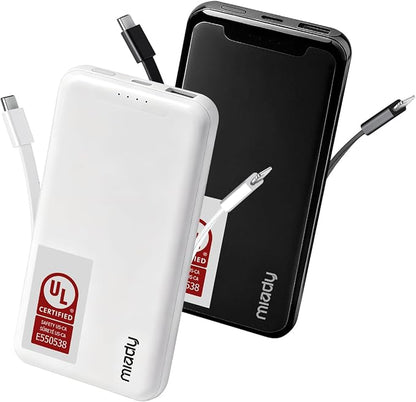 Miady UL Listed 2-Pack Portable Charger 10000mAh Power Bank Battery Pack | 37Wh丨Built-in 2 Cables丨Slim丨Compatible with iPhone 17 Galaxy S24 Android etc丨Flight-Safe丨Travel Camping Essential丨Black+White