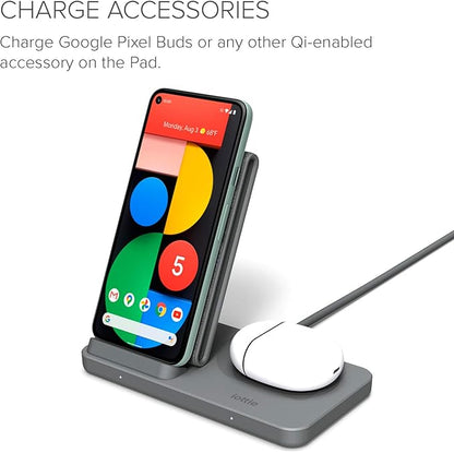 iOttie iON Wireless Duo CERTIFIED BY GOOGLE 15W Stand + 5W Pad Qi-Certified Charger | Compatible with Google, Google Pixel, Pixel Buds | Includes Power Cable & Adapter | Dark Grey