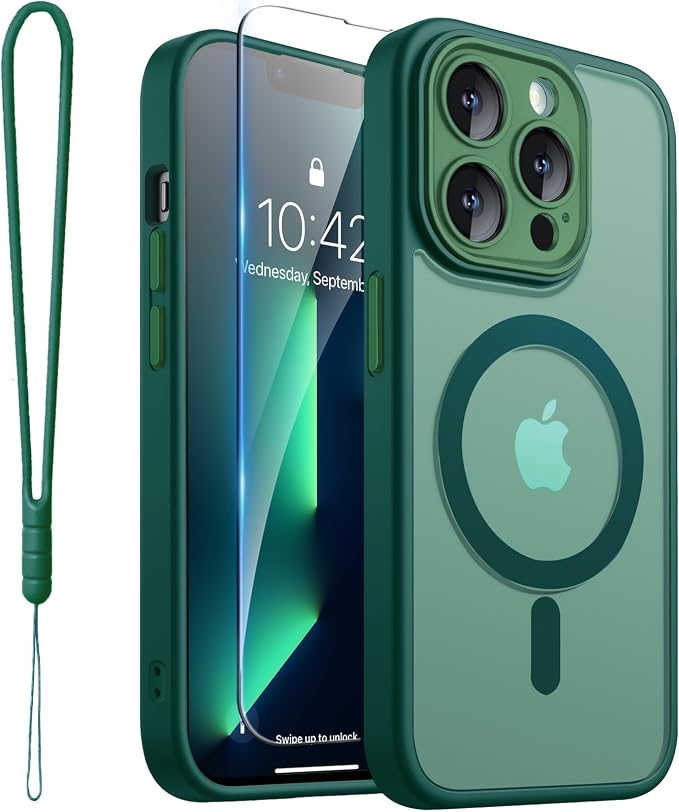 ROYBENS for iPhone 13 Pro Matte Clear Case Compatible with Magsafe, Full Camera Lens Protection, Screen Protector, Wrist Strap, Translucent Magnetic Slim Hard Protective Phone Cover, Green