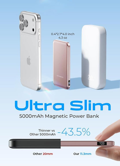 Aobbow Magnetic Portable Charger, 50% Smaller & Slimmer 5000mAh Power Bank with LED Display, 15W Fast Charging Battery Pack, Travel Essential MagSafe Compatible Charger for iPhone 17/16/15 - Rose Gold