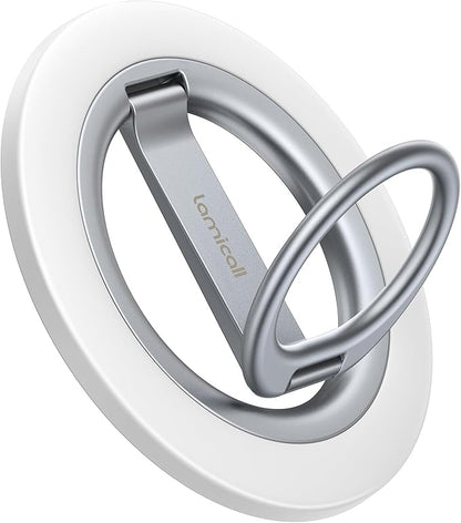 Lamicall Magnetic Phone Ring Grip Stand - [Stable Dual-Hinge] Ring Kickstand 360° Rotation Finger Holder [Super Magnet] Ring Grip, for MagSafe Accessories for iPhone 17 16 15 14 Pro Max, White