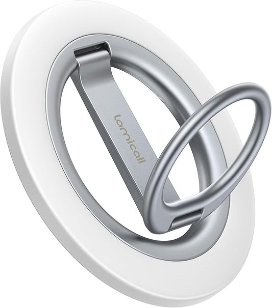 Lamicall Magnetic Phone Ring Grip Stand - [Stable Dual-Hinge] Ring Kickstand 360° Rotation Finger Holder [Super Magnet] Ring Grip, for MagSafe Accessories for iPhone 17 16 15 14 Pro Max, White