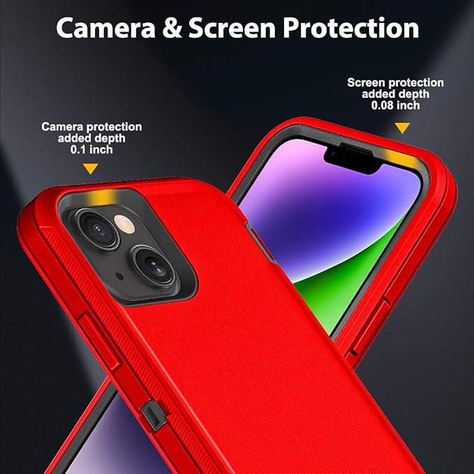 for iPhone 14 Plus Case with 2Pcs Tempered Glass Screen Protector and 1Pcs Camera Lens Protector, Military Grade 3 in 1 Heavy Duty Shockproof/Drop Proof/Dust Proof Case (Red/Black)