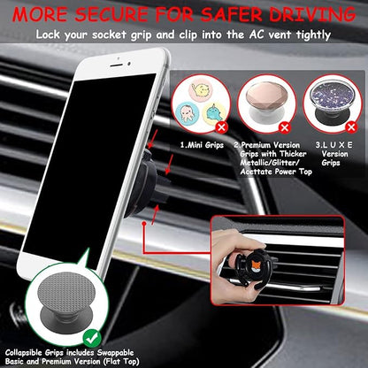 Car Vent Mount Holder 2 Pack - Compatible with Popsocket - Car Mount made for Pop Socket Grips Collapsible Phone Holder for Pop Mount with Secure AC Vent Clip, Horizontal Air Vent ONLY (Black)