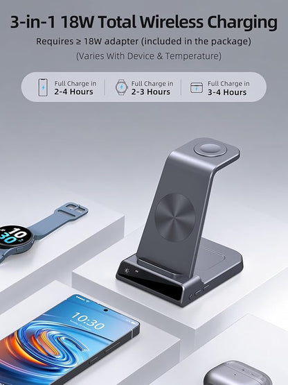 Wireless Charger Samsung Charging Station: 3 in 1 Android Charging Stand with Dimmable Clock - Nightstand Organizer for Galaxy S25 Ultra S24, Galaxy Watch 8 7 6 5 4, Galaxy Buds, Space-Saving Charger