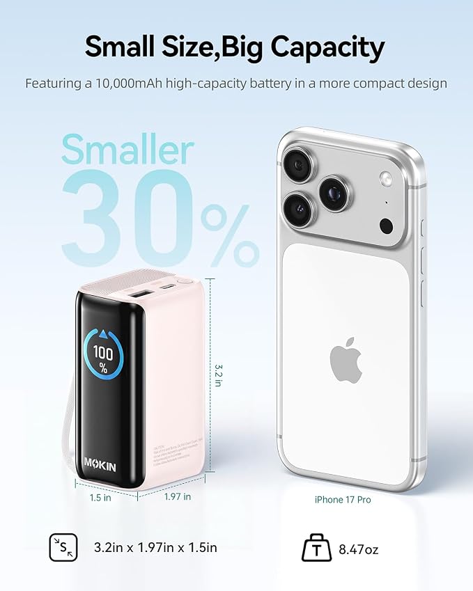 MOKiN Portable Charger with Built-in Retractable USB-C Cable, 45W Fast Charging 10000mAh Power Bank, Compact Travel Battery Pack for iPhone 17/16, Samsung Galaxy, iPad, Pixel and More