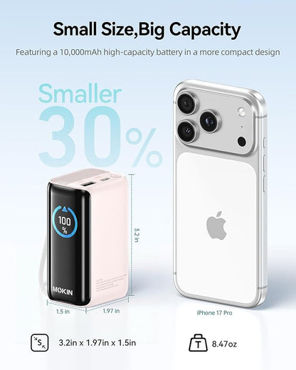 MOKiN Portable Charger with Built-in Retractable USB-C Cable, 45W Fast Charging 10000mAh Power Bank, Compact Travel Battery Pack for iPhone 17/16, Samsung Galaxy, iPad, Pixel and More