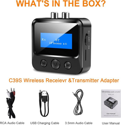 Bluetooth Transmitter Receiver for TV, Audio Adapter for Home Stereo with RCA 3.5mm AUX & Display, Bluetooth Transmitter for Headphones/Speakers/Airplane/Home Theater/PC/Car, TF Card Output