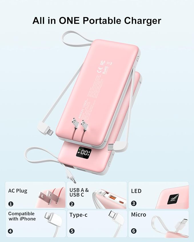 Portable Charger Built-in Cables and AC Wall Plug, 10000mAh 22.5W PD Fast Charging Power Bank, Lightweight Compact Battery Pack Travel Essentials for iPhone 17/16/15/14/13 Series,Samsung,Tablets