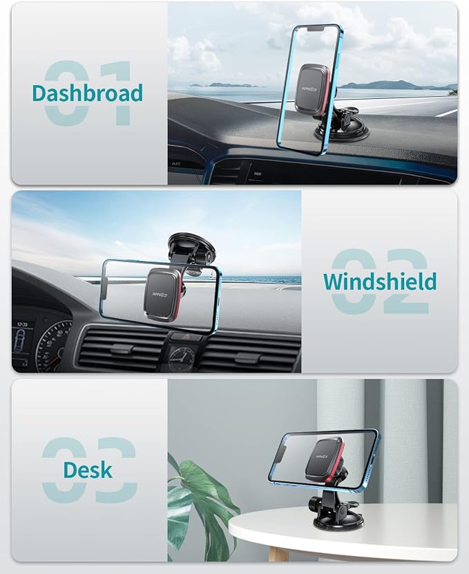 APPS2Car Magnetic Car Phone Mount with Adjustable Arm & 6 Strong Magnets Universal Dashboard Windshield Cell Phone Holder Compatible with All Smartphones