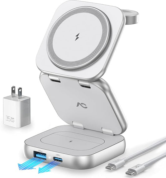5-in-1 Wireless Charger for MagSafe, AC ISLAND Portable Travel Charging Station, 35W Max Fast Foldable Magnetic Stand, Evolved for iPhone 17-12 & Air Series, Apple Watch, AirPods (with 35W Adapter)