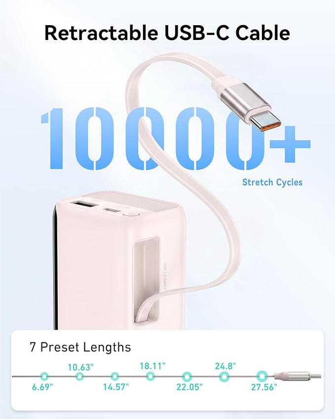 MOKiN Portable Charger with Built-in Retractable USB-C Cable, 45W Fast Charging 10000mAh Power Bank, Compact Travel Battery Pack for iPhone 17/16, Samsung Galaxy, iPad, Pixel and More