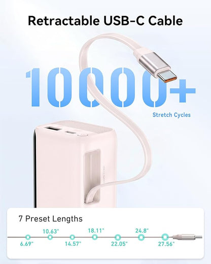 MOKiN Portable Charger with Built-in Retractable USB-C Cable, 45W Fast Charging 10000mAh Power Bank, Compact Travel Battery Pack for iPhone 17/16, Samsung Galaxy, iPad, Pixel and More