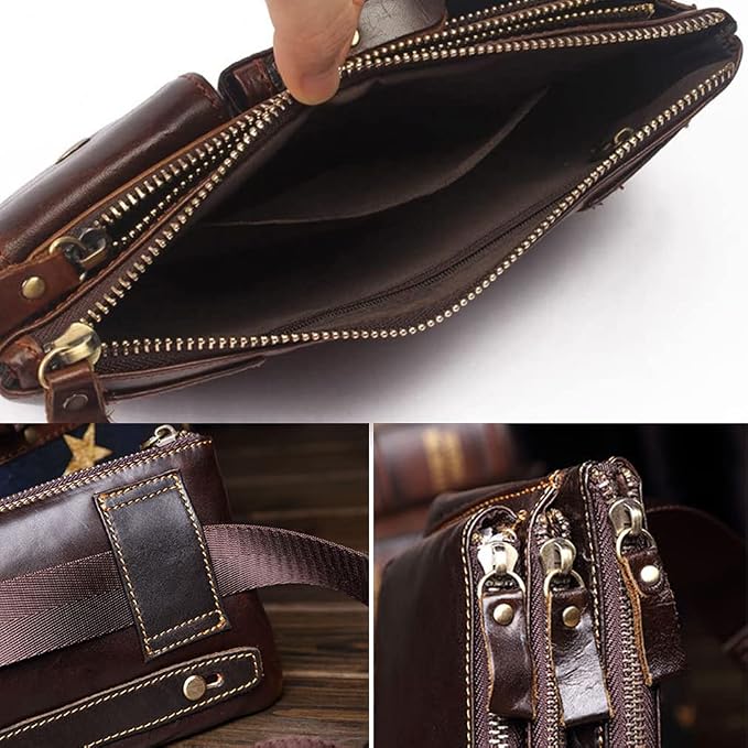 KPYWZER Vintage Leather Waist Bag Fanny Pack for Men Women Hip Bum Bag Belt Slim Cell Phone Purse Wallet Retro Crossbody Sling Pouch Brown