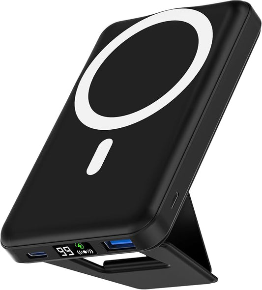 podoru for Magsafe Power Bank, Foldable 10000mAh Wireless Battery Pack with USB-C Cable & LED Display 22.5W PD Fast Charging Magnetic Portable Charger for iPhone 17/16/15/14/13/12 Series-Black