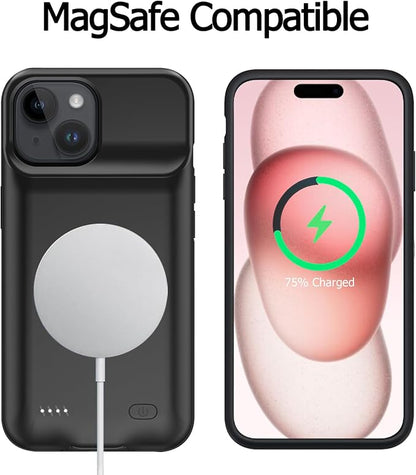 Battery Case for iPhone 15 Plus, [12000mAh] Enhanced Rechargeable Portable Qi Wireless Charger Case Battery Pack Support CarPlay Wireless Charging Case Compatible with iPhone 15 Plus (6.7 inch)-Black
