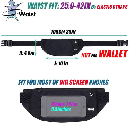 USHAKE Running Belt,Men or Women Ultra Light Bounce Free Waist Pouch Bag Fitness Workout Belt Sport Waist Pack Exercise Waist Bag for iPhone Samsung LG in Running Gym Marathon (BLACK)