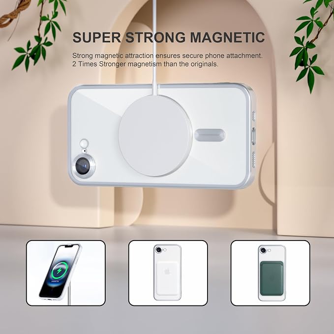 Misea Magnetic for iPhone 17e / 16e Case Compatible with MagSafe [Never Yellowing] [Military Grade Drop Protection] Full Camera Lens Protector Plating Soft Clear Phone Case for Women 6.1 inch, Silver
