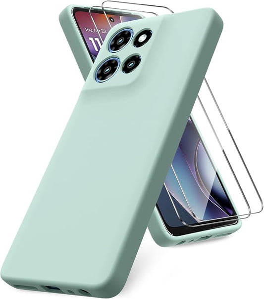 for Motorola Moto G 2025 Case, 2 Pack Tempered Glass Screen Protectors, Soft TPU Liquid Silicone Shockproof Gel Case-Mint