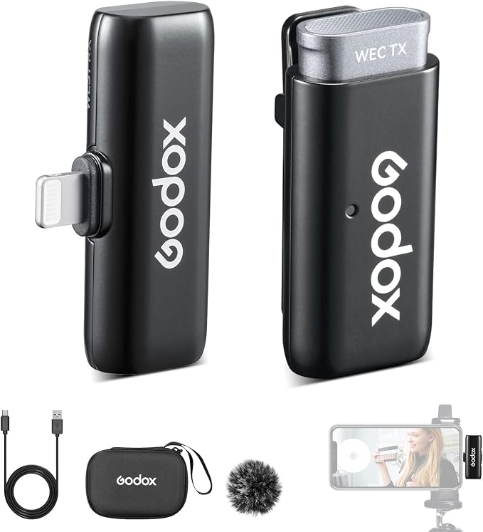 GODOX WES1 Kit1 Wireless Microphone for iPhone iPad, 2.4GHz Wireless MFi Certified Lavalier Mic, Plug and Play, Noise Cancelling,656ft, 7g Lightweight for Vlogs/Interviews/Live(1TX + 1RX(Lightning))