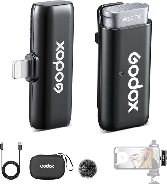 GODOX WES1 Kit1 Wireless Microphone for iPhone iPad, 2.4GHz Wireless MFi Certified Lavalier Mic, Plug and Play, Noise Cancelling,656ft, 7g Lightweight for Vlogs/Interviews/Live(1TX + 1RX(Lightning))