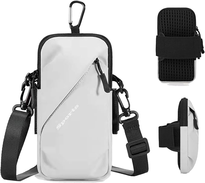 Phone Holder Arm Bands, Small Crossbody Shoulder Holsters Bag with Arm Band, Fits iPhone and All Cell Phones, Use for Running, Walking, Hiking & Biking (Plus Size,Grayish White)