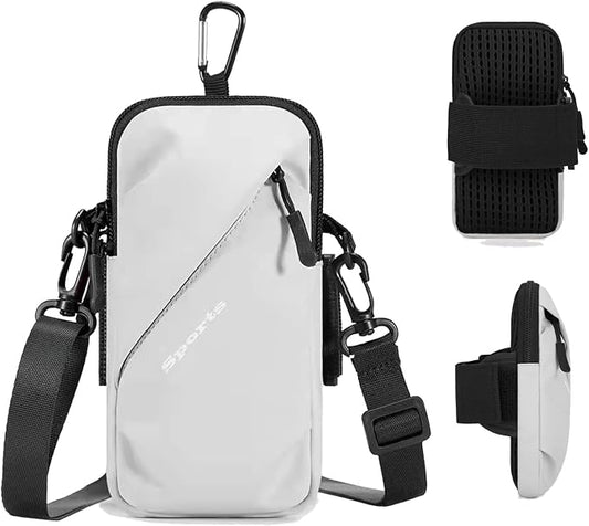 Phone Holder Arm Bands, Small Crossbody Shoulder Holsters Bag with Arm Band, Fits iPhone and All Cell Phones, Use for Running, Walking, Hiking & Biking (Plus Size,Grayish White)