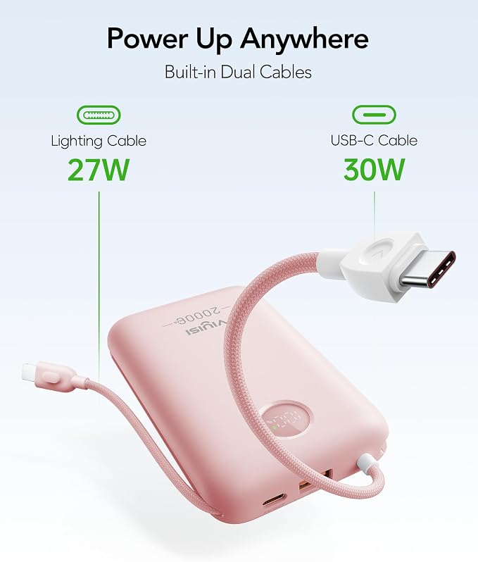 VIYISI Power Bank 20000mAh 30W Fast Charging with Built-in Cables, Pink | LED Display, bulit-in USB C&Lighting cables for iPhone 17/16/15/14, Samsung, iPad and Android Phones