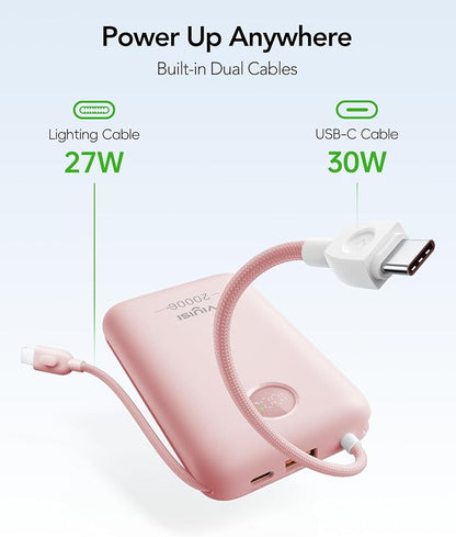 VIYISI Power Bank 20000mAh 30W Fast Charging with Built-in Cables, Pink | LED Display, bulit-in USB C&Lighting cables for iPhone 17/16/15/14, Samsung, iPad and Android Phones