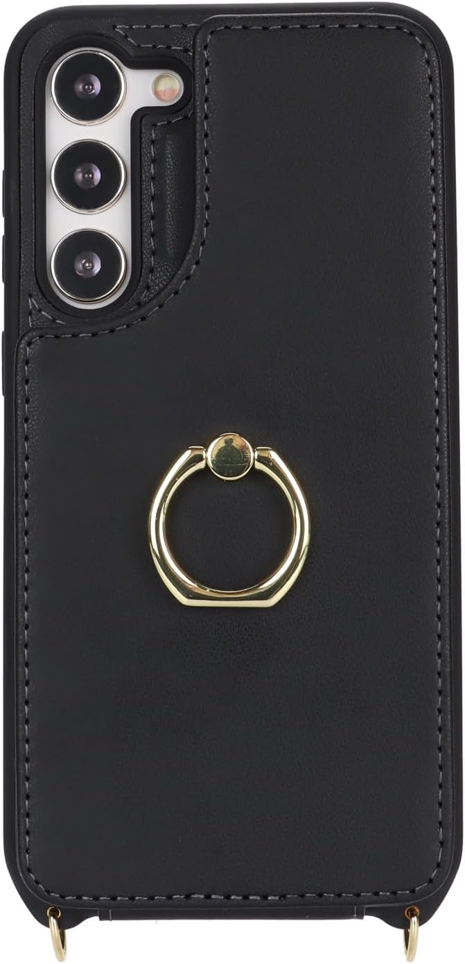 Lipvina for Samsung Galaxy S22 Case with Card Holder and Strap for Women,Crossbody Lanyard,RFID Blocking,Ring Stand,Snap Clasp,Phone Wallet Cases 6.1 inch(Black)