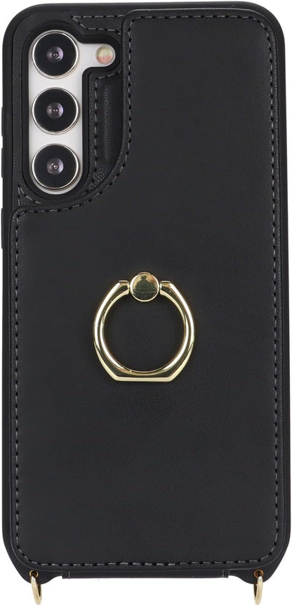 Lipvina for Samsung Galaxy S22 Case with Card Holder and Strap for Women,Crossbody Lanyard,RFID Blocking,Ring Stand,Snap Clasp,Phone Wallet Cases 6.1 inch(Black)