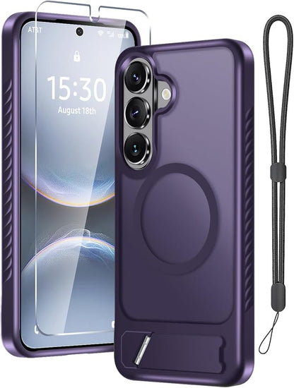 RMOCR for Samsung Galaxy S26 Case with Screen Protector+Lanyard Wrist Strap,Magnetic Translucent Matte Rugged Slim Phone Cover Built in Invisible Kickstand [Fit for MagSafe],2026 Purple