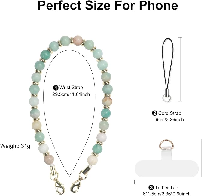 TEAMOLA Natural Stone Phone Charm, Handmade Crystal Cellphone Chain for Universal, Beaded Healing Anti Theft Phone Wrist Strap with Tether Tab, Amazonite