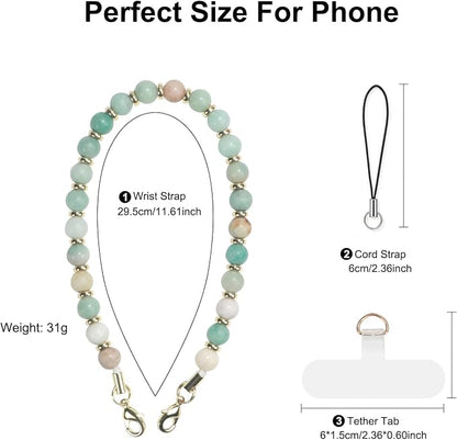 TEAMOLA Natural Stone Phone Charm, Handmade Crystal Cellphone Chain for Universal, Beaded Healing Anti Theft Phone Wrist Strap with Tether Tab, Amazonite