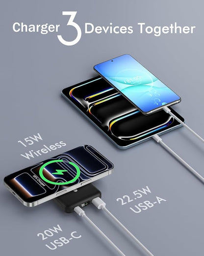 podoru for Magsafe Power Bank, Foldable 10000mAh Wireless Battery Pack with USB-C Cable & LED Display 22.5W PD Fast Charging Magnetic Portable Charger for iPhone 17/16/15/14/13/12 Series-Black