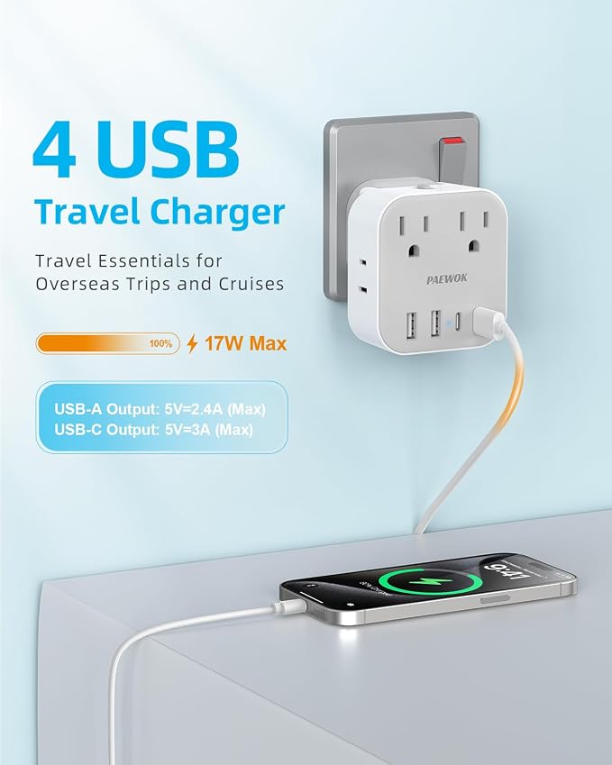 European Travel Plug Adapter Set, 8-in-1 Travel Adapter with 4 Outlets | Universal Travel Adapter, Type C/G/D/M Detachable Plugs, 4 USB Ports (2 USB C), US to UK/EU/South Africa