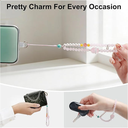 TEAMOLA Natural Stone Phone Charm, Handmade Crystal Cellphone Chain for Universal, Beaded Healing Anti Theft Phone Wrist Strap with Tether Tab, Rose Quartz & Amazonite & Yellow Agate & Shell Beads