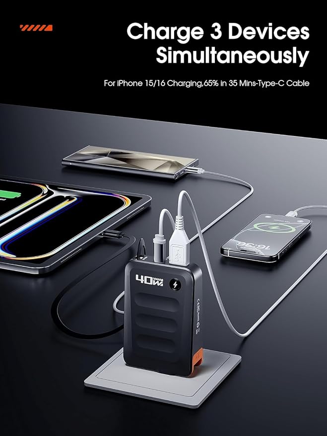 2026 ETODBUWS 3 in 1 GaN Charger,40W PD Fast Charging Blocks with Retractable Type C Cable and Dual Port Travel Charger,USB Chargers with Foldable Plug for iPhone 17/16/15,Galaxy,Pixel-Black